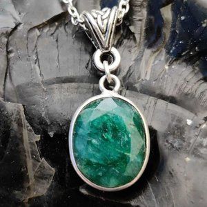 Faceted Raw Emerald with Triquetra Bail gemstone silver pendant necklace #033